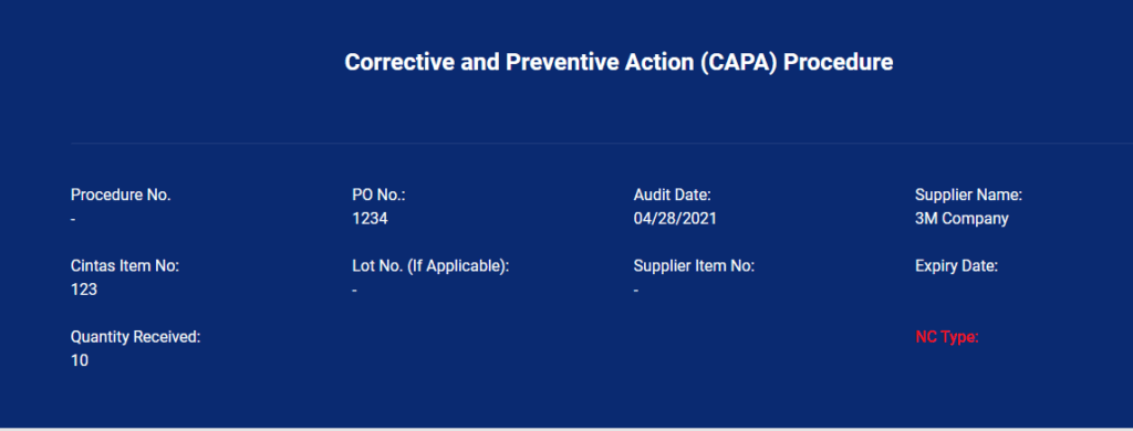 Corrective and Preventive Actions CAPA Home Screen